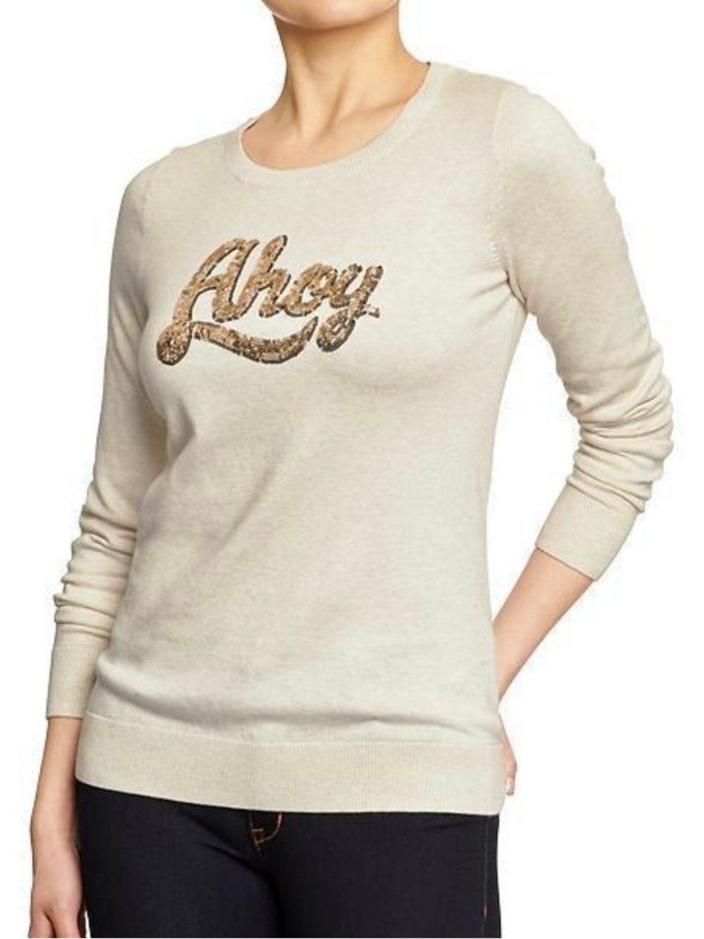 Old Navy Crewneck Gold Sequined “Ahoy” Graphics Sweater M